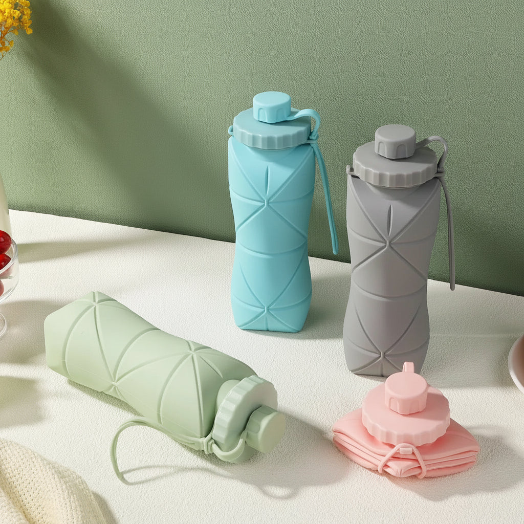 Gourde Pliable en Silicone 600ml Bleue – Verre de Voyage Rétractable & Réutilisable | Compact, Léger & Étanche