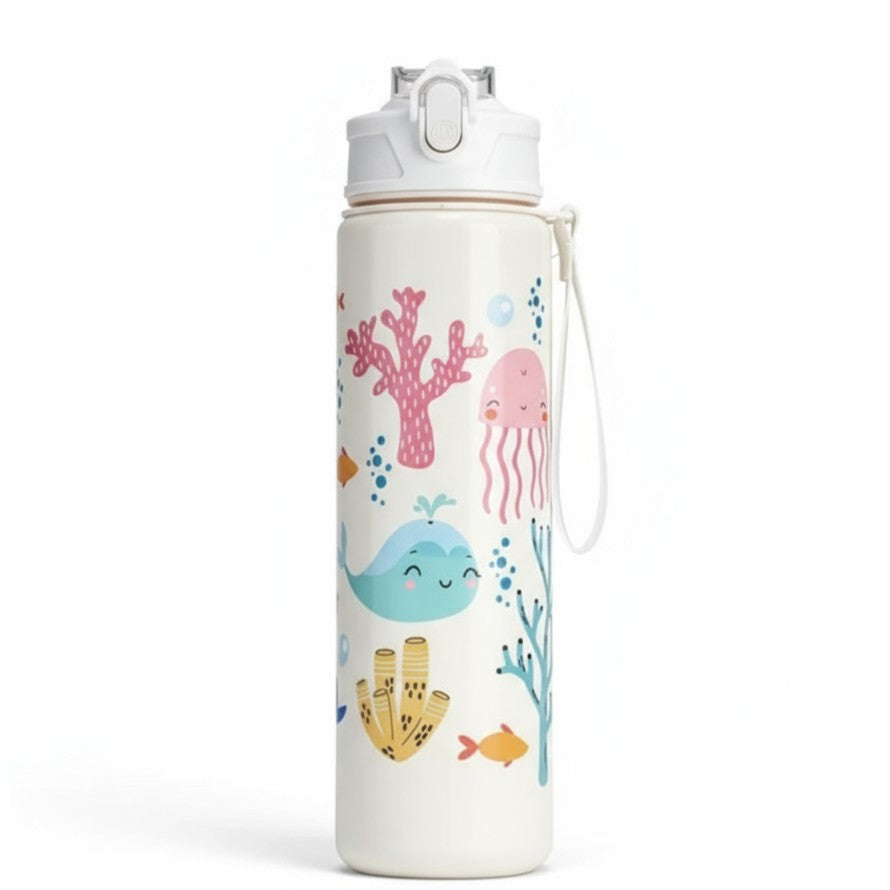 Gourde Enfant 750ml Océan Blanche – Bouteille Étanche & Ludique Sans BPA avec Paille & Sangle