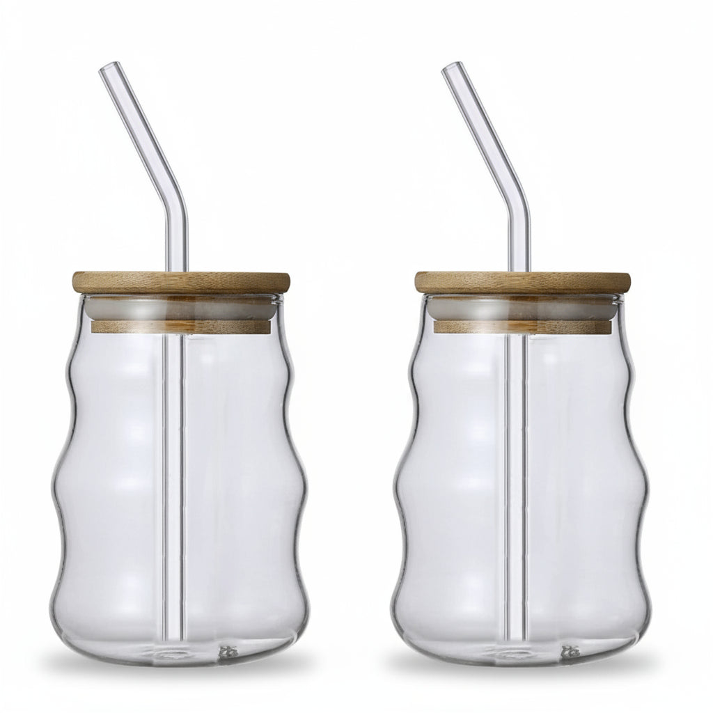 Gobelet en Verre Lisse Borosilicate 500ml avec Couvercle Bambou & Paille – Élégance Durable pour Café, Jus & Cocktails