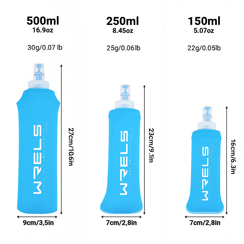 Gourde Pliable en Silicone BLEU CLAIR 150ml / 250ml / 500ml – Bouteille Souple Réutilisable pour Sport, Running & Voyage