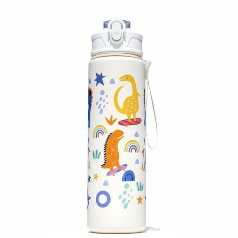 Gourde Enfant 750ml Dinosaure Blanche – Bouteille Étanche Sans BPA avec Paille & Sangle