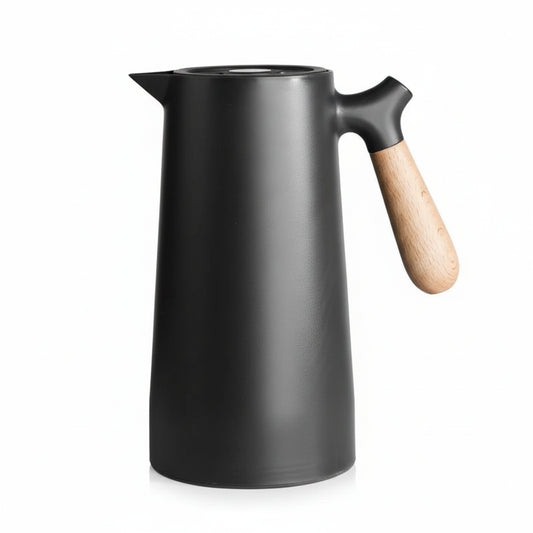 Thermos Isotherme 1L Noir avec Poignée en Bois – Carafe Double Paroi pour Café, Thé ou Eau Chaude | Design Maison & Bureau