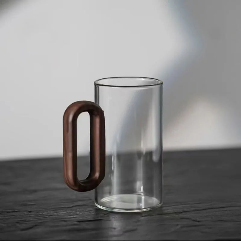 Tasse en Verre Borosilicaté avec Anse en Bois – Verre Simple Paroi Résistant à la Chaleur | Thé, Café, Eau ou Jus
