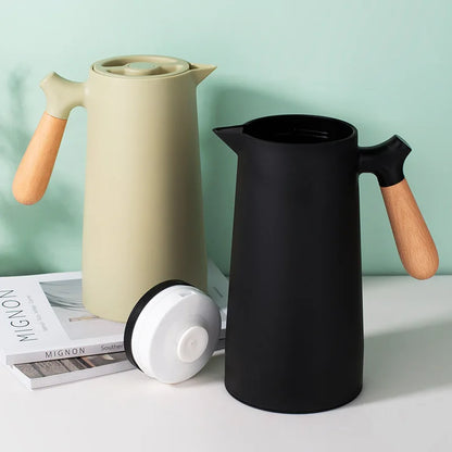 Thermos Isotherme 1L Vert avec Poignée en Bois – Carafe Double Paroi pour Café, Thé ou Eau Chaude | Design Maison & Bureau