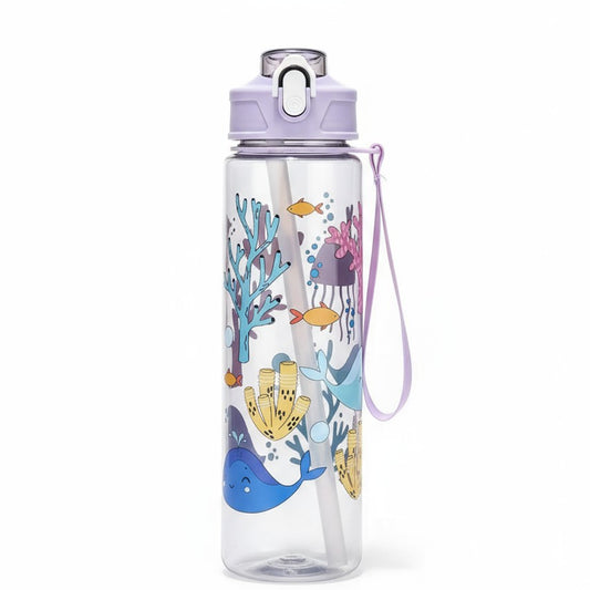 Gourde Enfant 750ml Océan Transparente – Bouteille Étanche Sans BPA avec Paille & Sangle