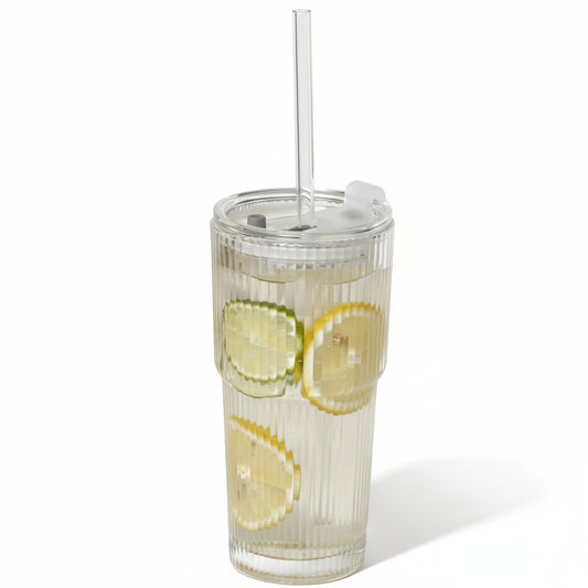 Verre à Boisson Rayé 600ml avec Couvercle & Paille Tout en Verre – Gobelet Transparent pour Café Glacé, Jus & Eau | Style Éco & Chic