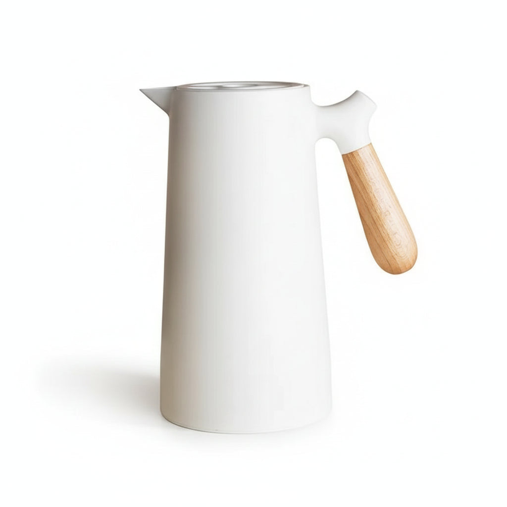 Thermos Isotherme 1L Blanc avec Poignée en Bois – Carafe Double Paroi pour Café, Thé ou Eau Chaude | Design Maison & Bureau