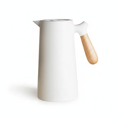 Thermos Isotherme 1L Blanc avec Poignée en Bois – Carafe Double Paroi pour Café, Thé ou Eau Chaude | Design Maison & Bureau